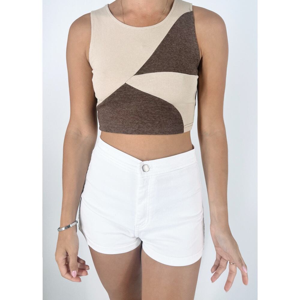 Women's Colorblock Brown Cropped Sleeveless Tank Top Size Small